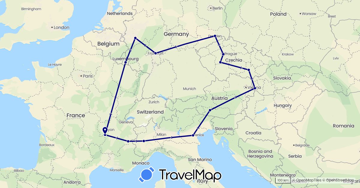 TravelMap itinerary: driving in Austria, Czech Republic, Germany, France, Italy, Luxembourg, Slovakia (Europe)